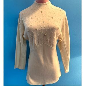 Vintage '89 Nina Lee Beaded Wool Knit Sweater Top IVORY Back Zipper